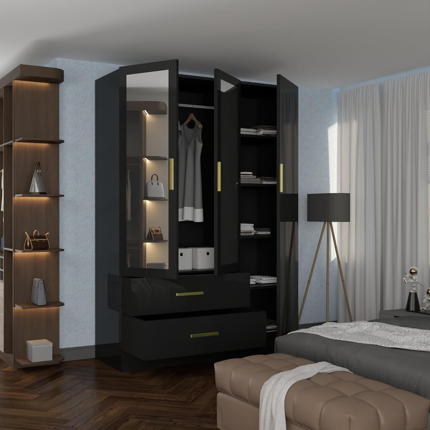 116cm Black High Gloss Wardrobe with Mirror, Drawers & Hanging Rail