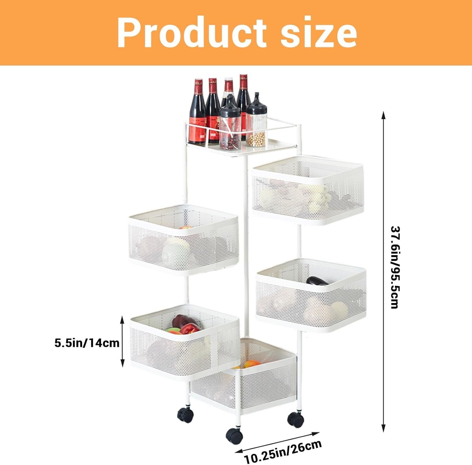 5 Tier Rotating Vegetable Rack Storage Trolley on Wheels Metal Mesh