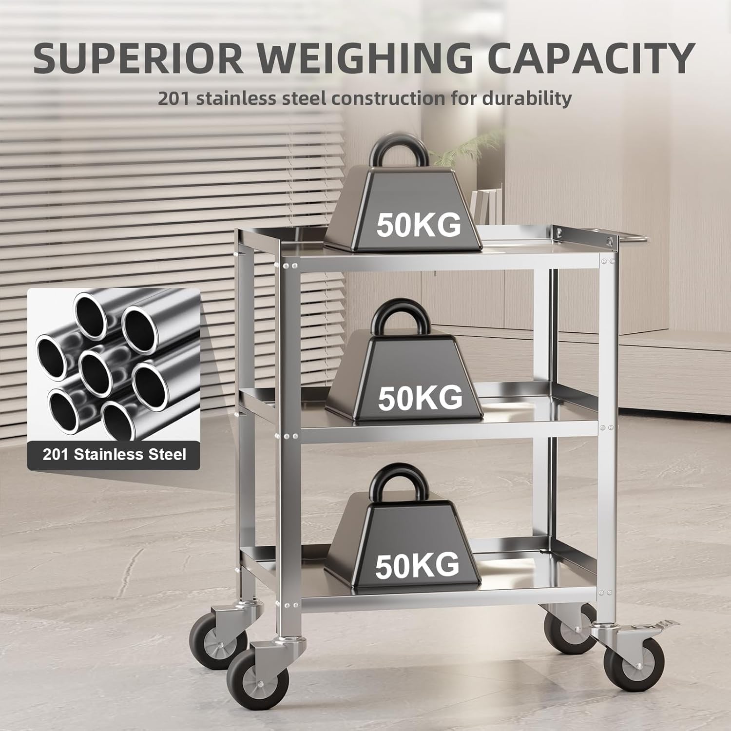 Stainless Steel Utility Cart 3 Tier Heavy Duty Serving Trolley Wheels