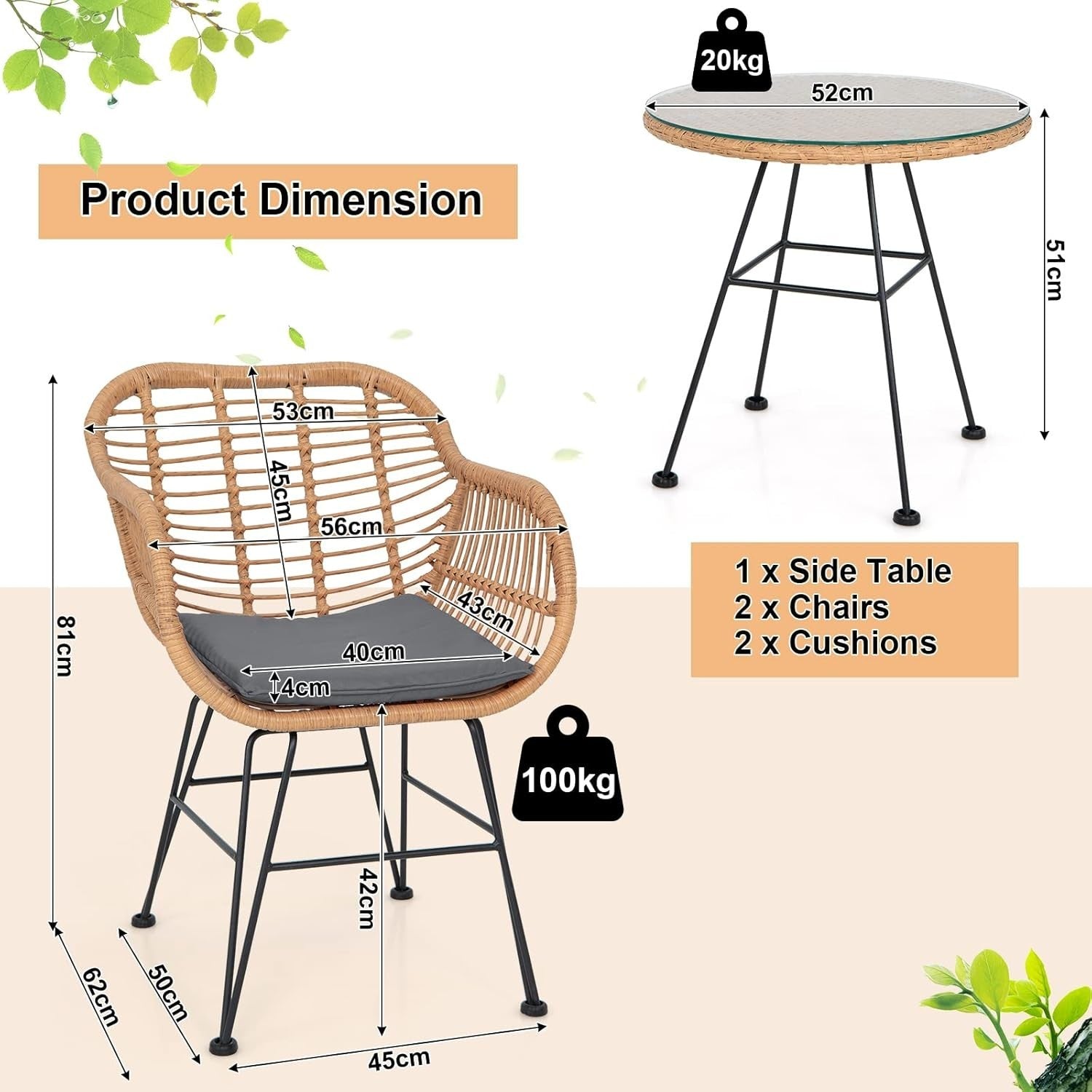 3 Piece Rattan Bistro Set Outdoor Patio Chairs with Glass Table & Cushions