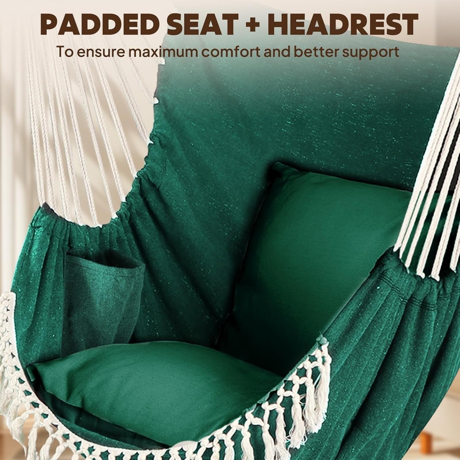 Dark Green Hammock Chair with 2 Cushions & Straps | 500lbs Indoor Outdoor