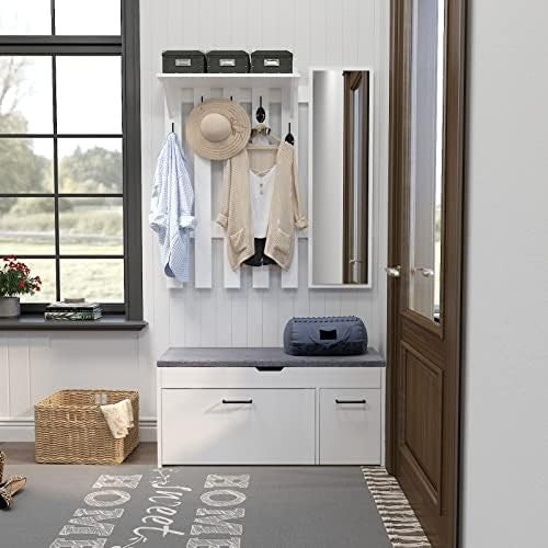 Modern Shoe Storage Bench Seat White Wood Flip Drawer Entryway Hallway Furniture