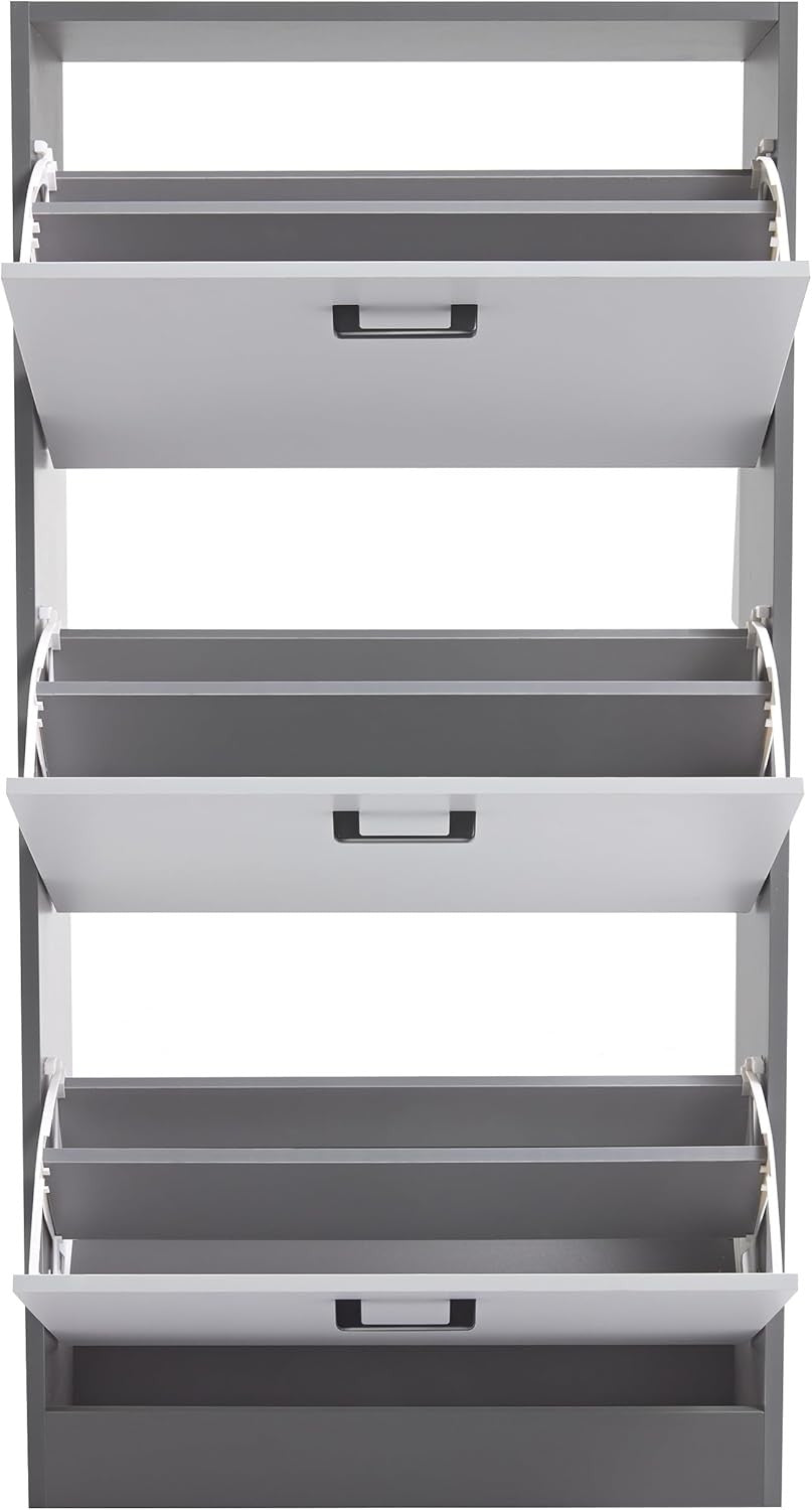 Silver & Dark Grey 3 Drawer Shoe Cabinet with Shelf, Modern Slim Storage Unit