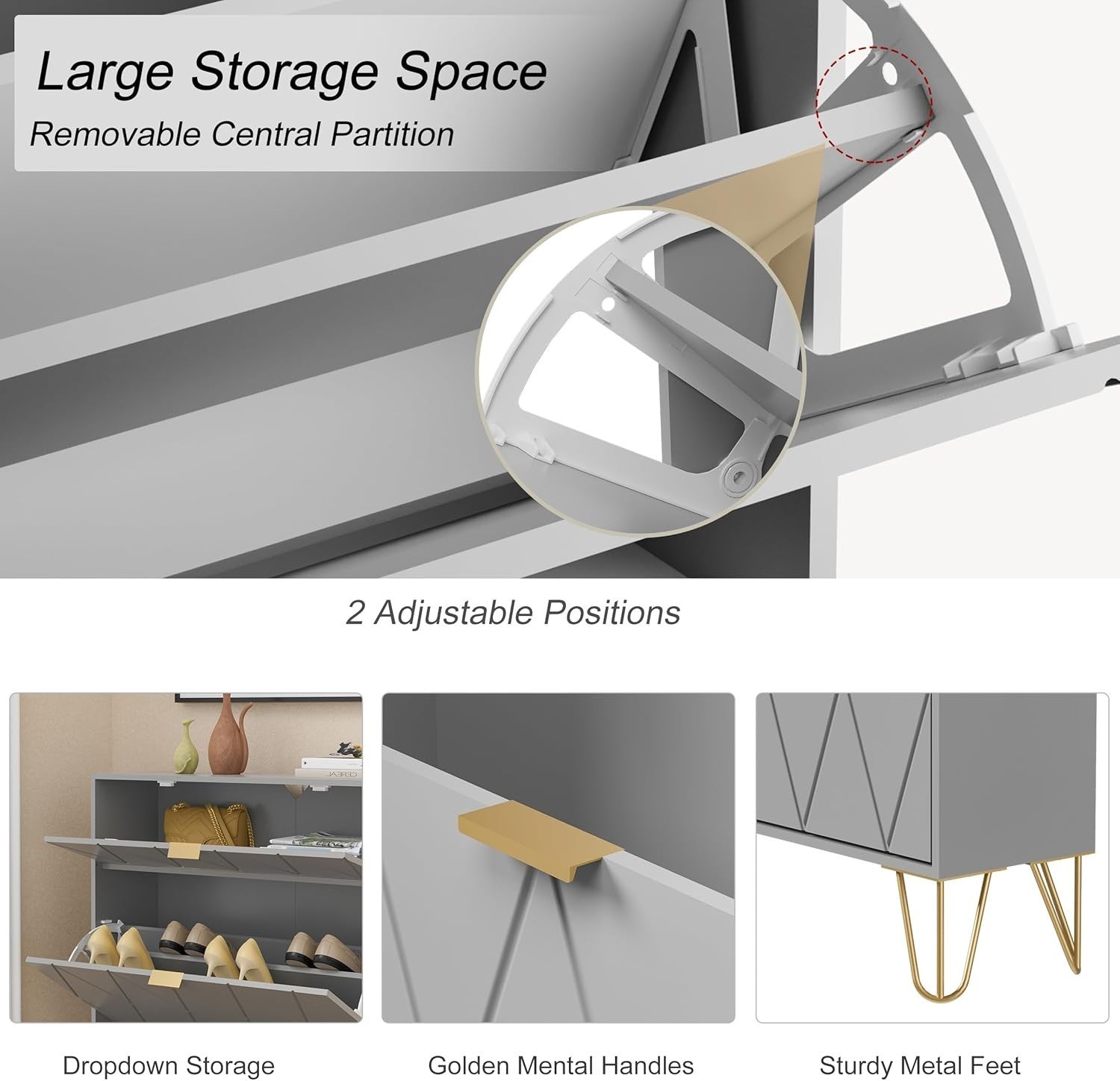 Modern Tilting Shoe Cabinet 16 Pair Storage 3 Compartment Hidden Shelf 80x120cm