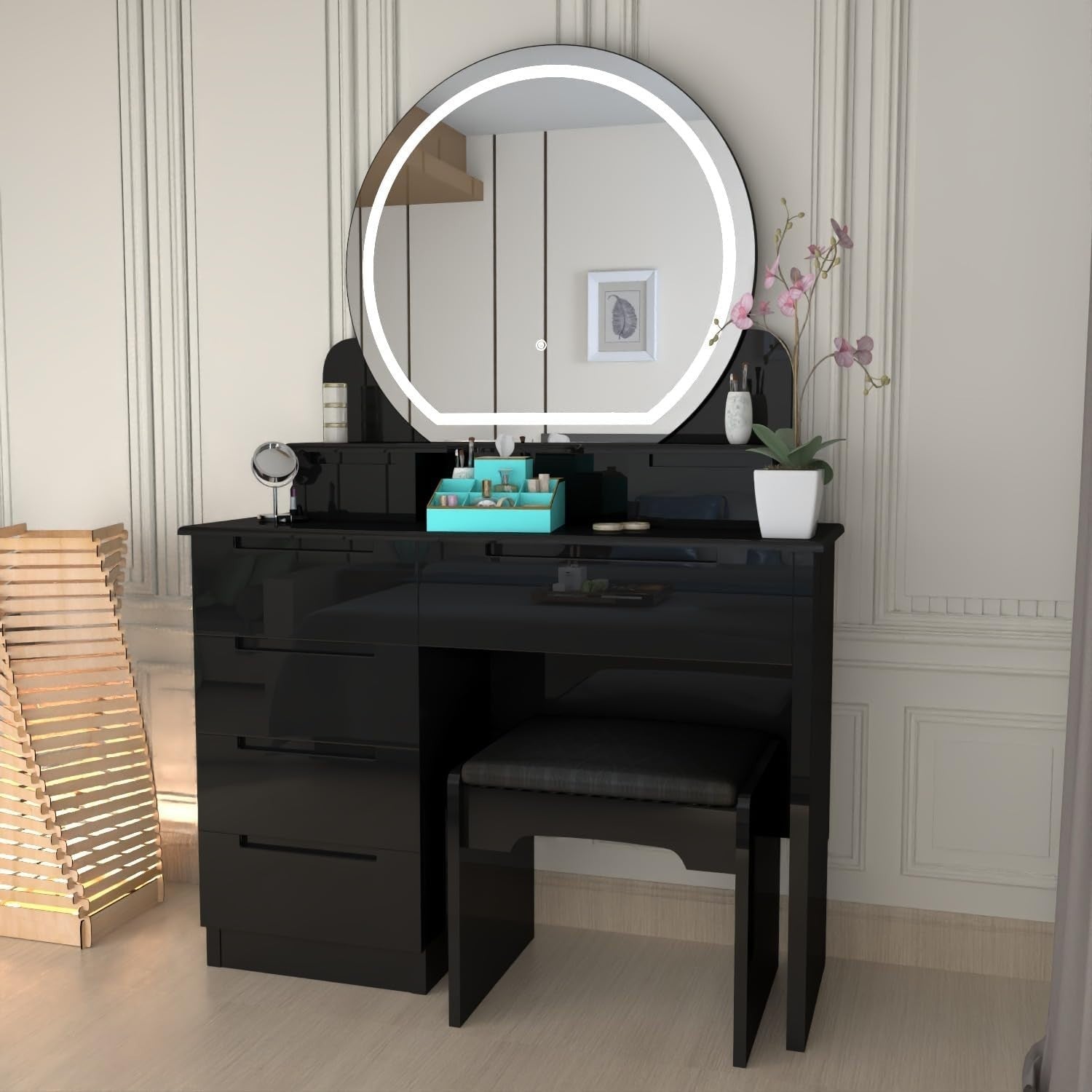 Modern Dressing Table Set 5-Drawer Vanity Makeup Desk Mirror Grey High Gloss