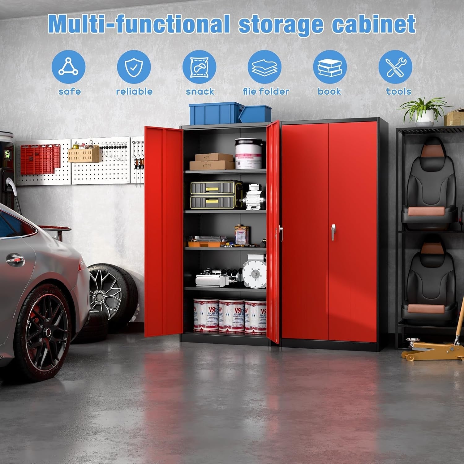Tall Metal Storage Cabinet 180cm Lockable Cupboard with Adjustable Shelves
