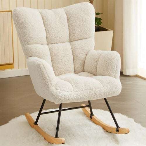 Ivory Rocking Chair Tufted Lambswool Armchair Nursery Lounge Seat
