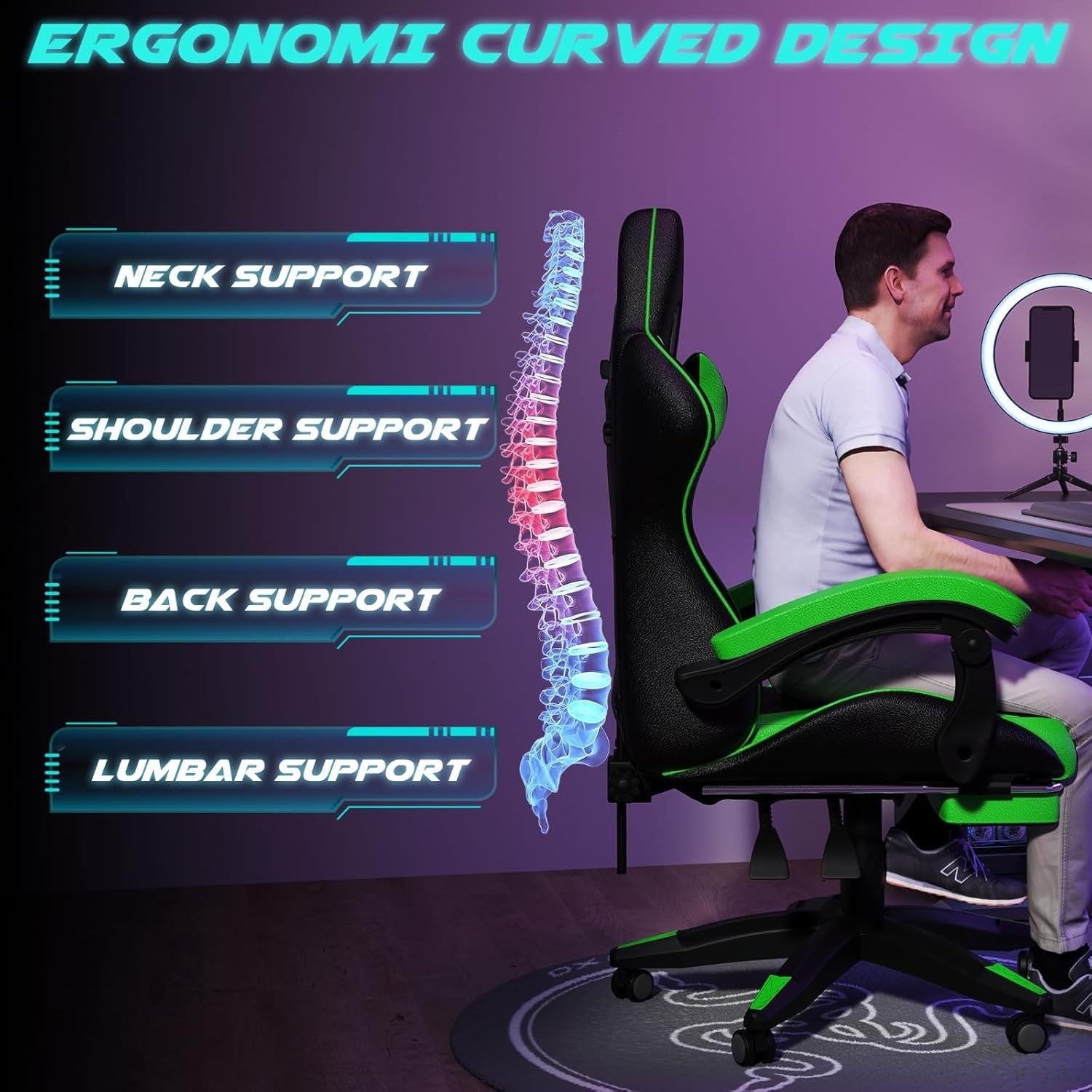 Gaming Chair Ergonomic High Back Adjustable Lumbar Reclining PU Leather Green/Bl