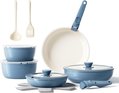 16pcs Blue Ceramic Cookware Set Non Stick Induction Safe Detachable Handle