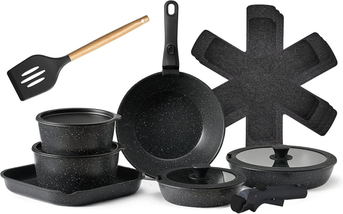 17pcs Black Non-Stick Cookware Set with Detachable Handles – Induction Safe