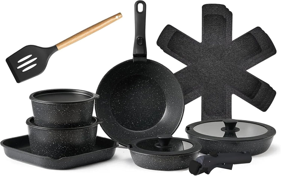 17pcs Black Non-Stick Cookware Set with Detachable Handles – Induction Safe
