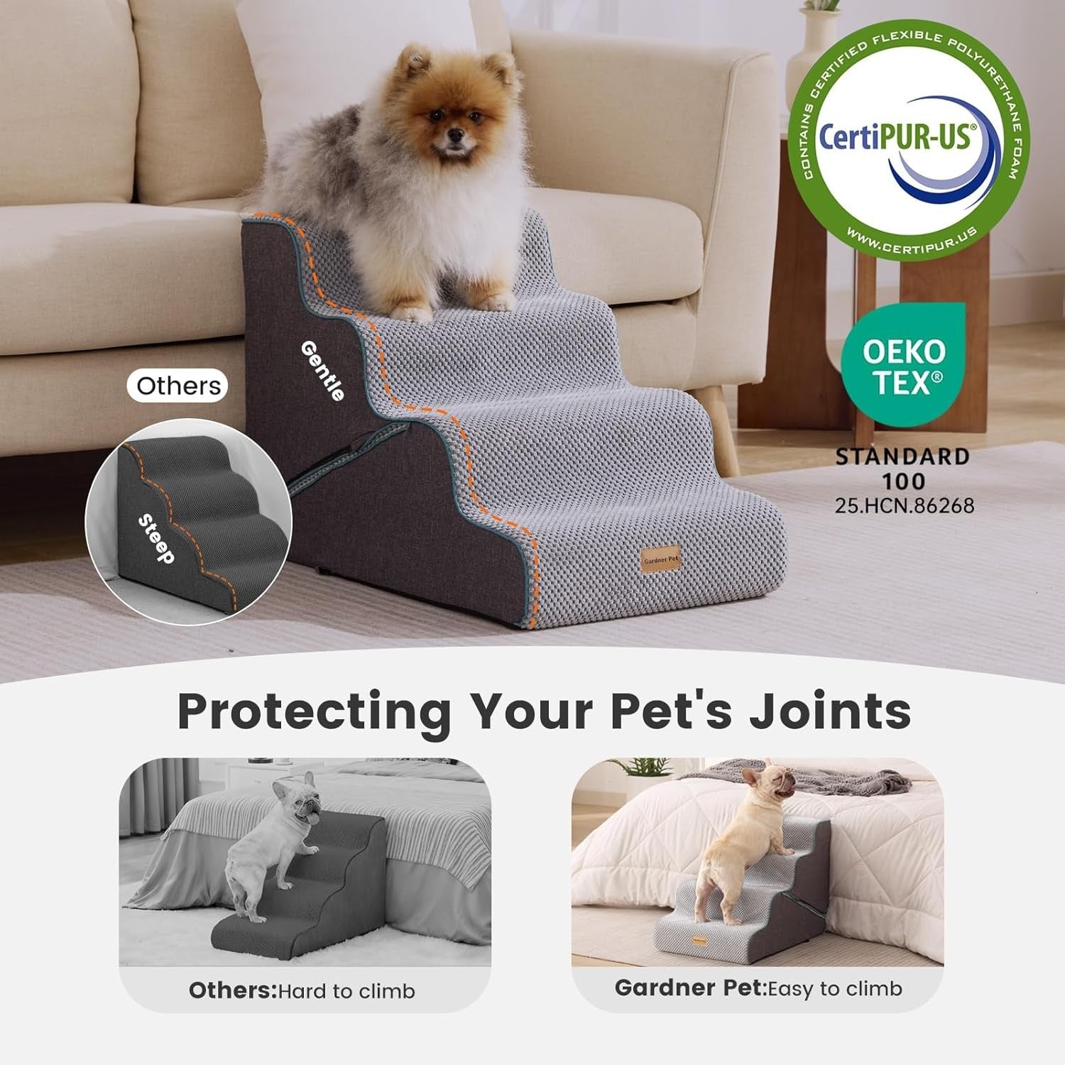 Adjustable 4 Step Dog Stairs Pet Ramp Non Slip Washable Grey