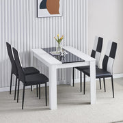 White 4-Seater Dining Table Set with Checked Leather Chairs | Space-Saving