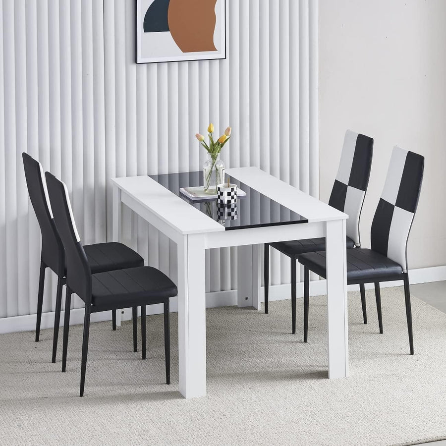 White 4-Seater Dining Table Set with Checked Leather Chairs | Space-Saving