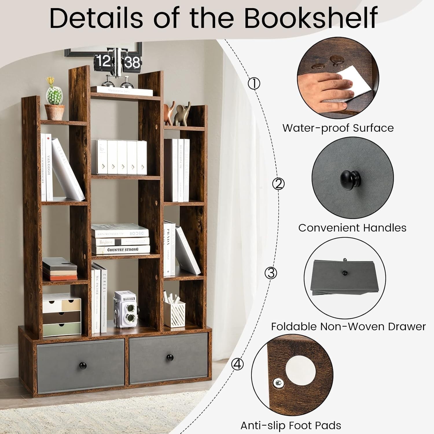 12-Tier Rustic Brown Wooden Bookshelf with 2 Foldable Drawers, Space Saver