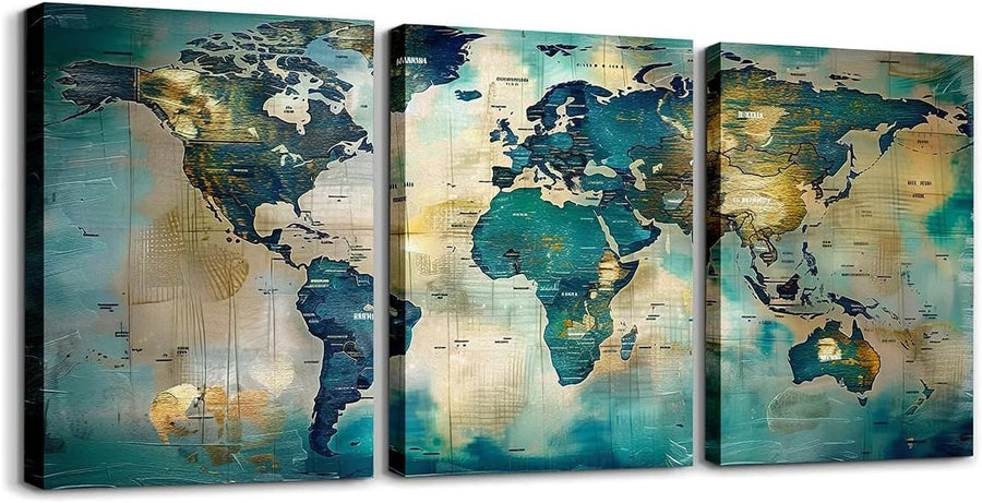 World Map Canvas Wall Art Blue Vintage Map Print Home Decor