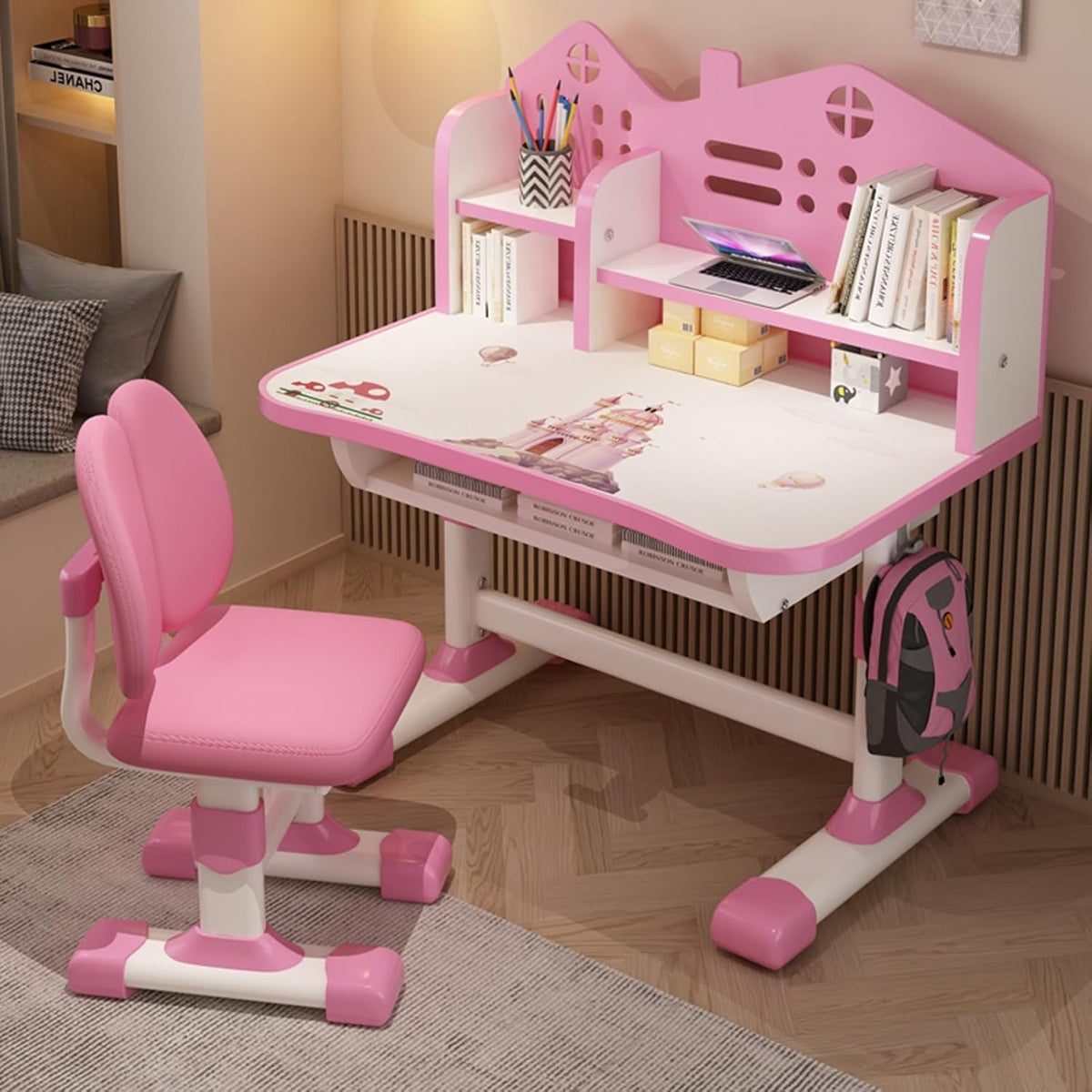 Kids Study Desk & Chair Set Height Adjustable Writing Table with Bookshelf Pink