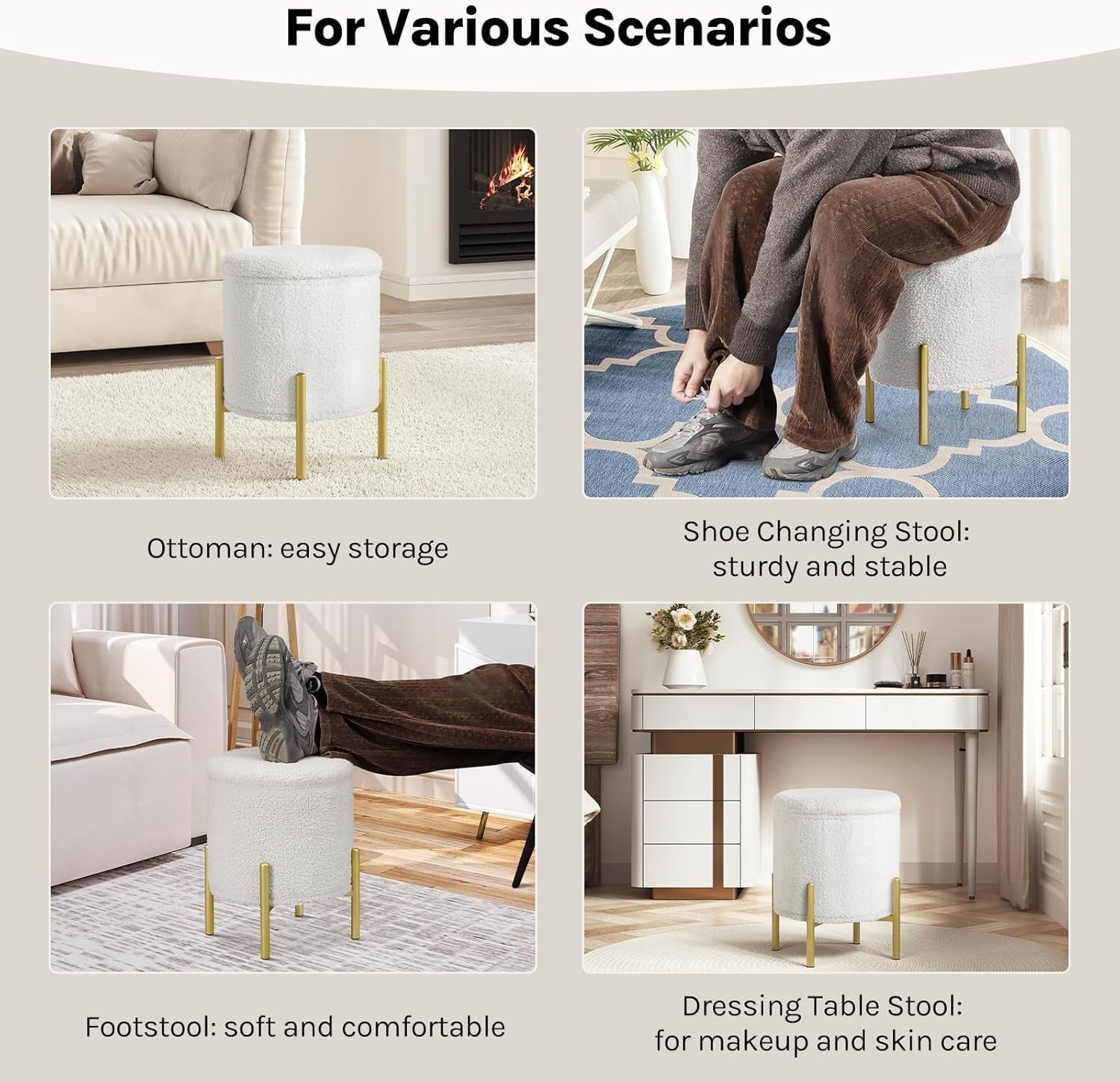 White Teddy Fleece Ottoman Stool with Storage Round Folding Seat 41cm