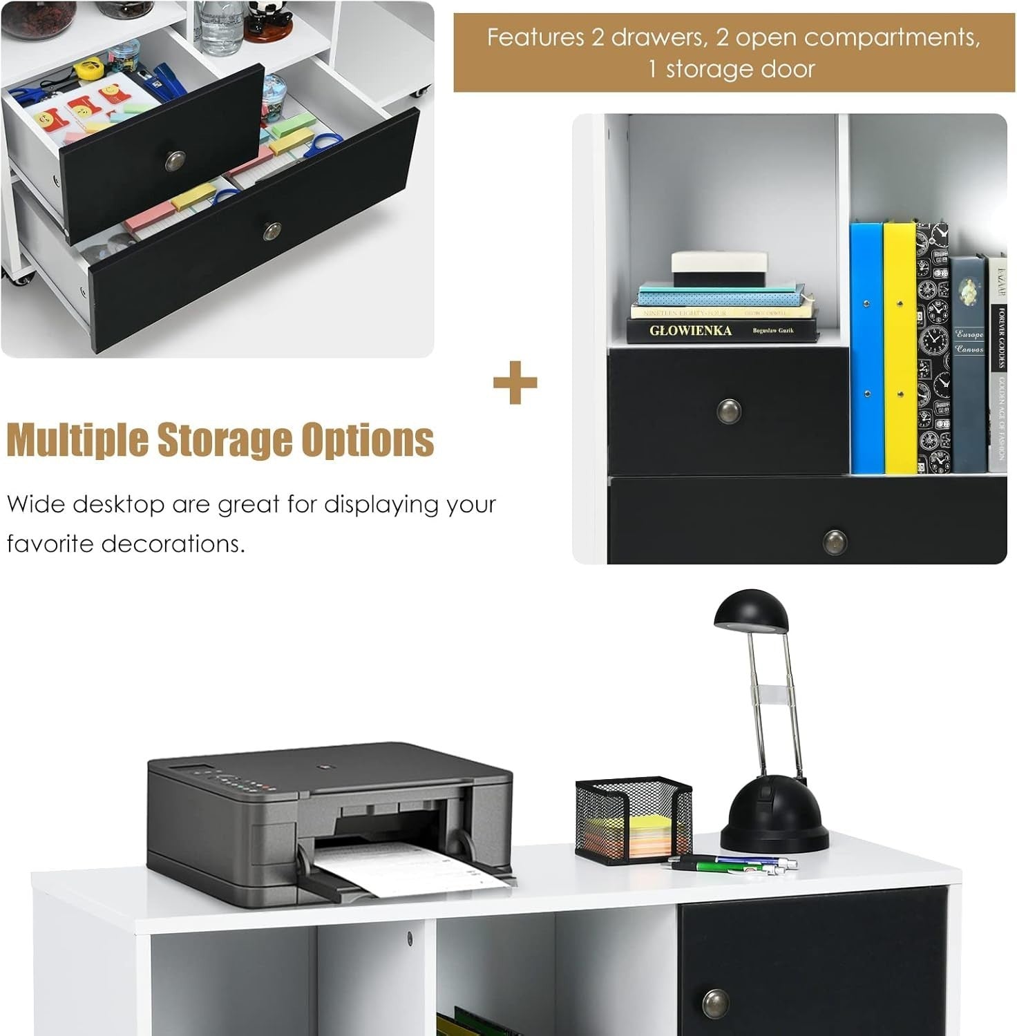 Black White Mobile File Cabinet 90cm Printer Stand Storage Unit