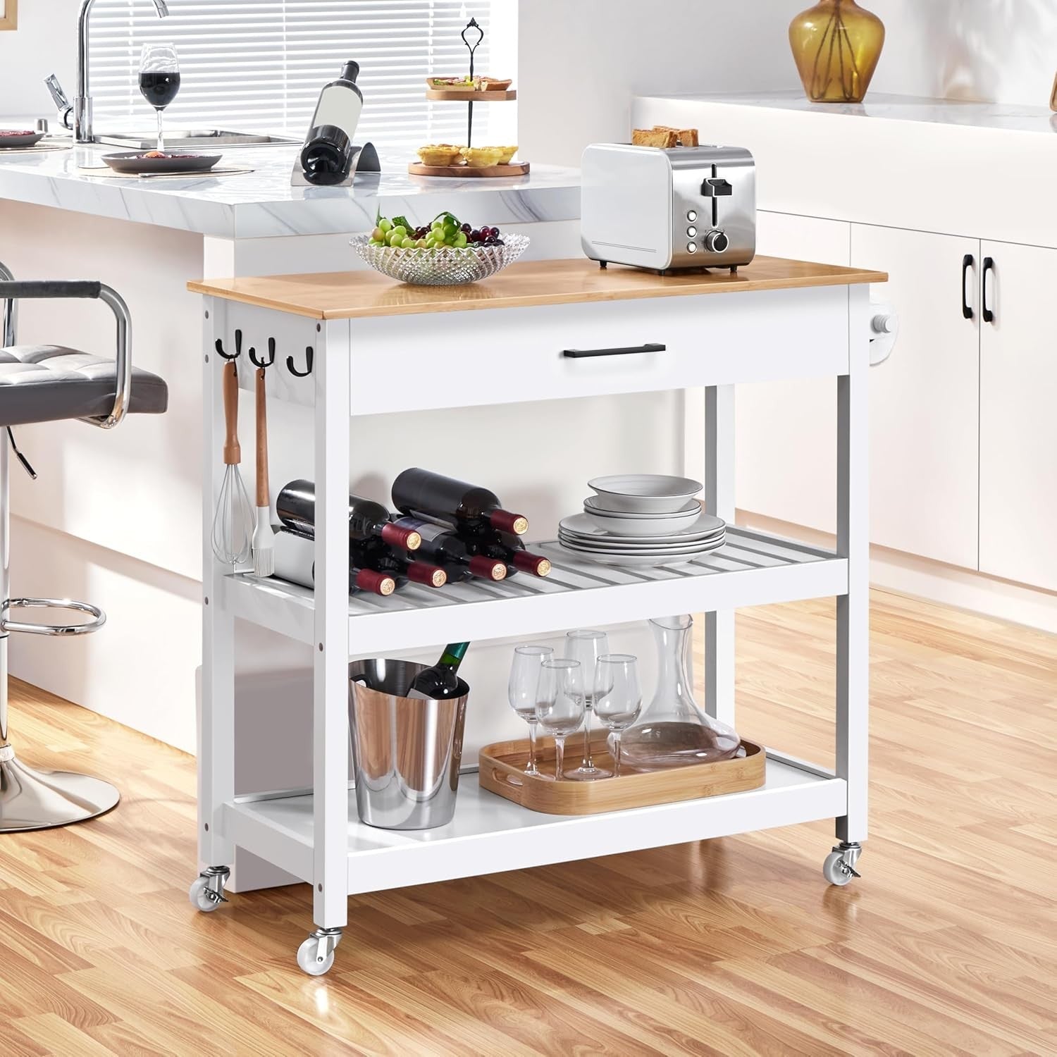 Kitchen Island Trolley on Wheels Bamboo Worktop Drawer Towel Rack Storage