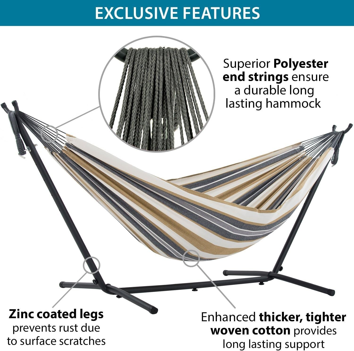 Double Cotton Hammock with Stand – 280cm 2 Person Adjustable Frame, Garden Bed