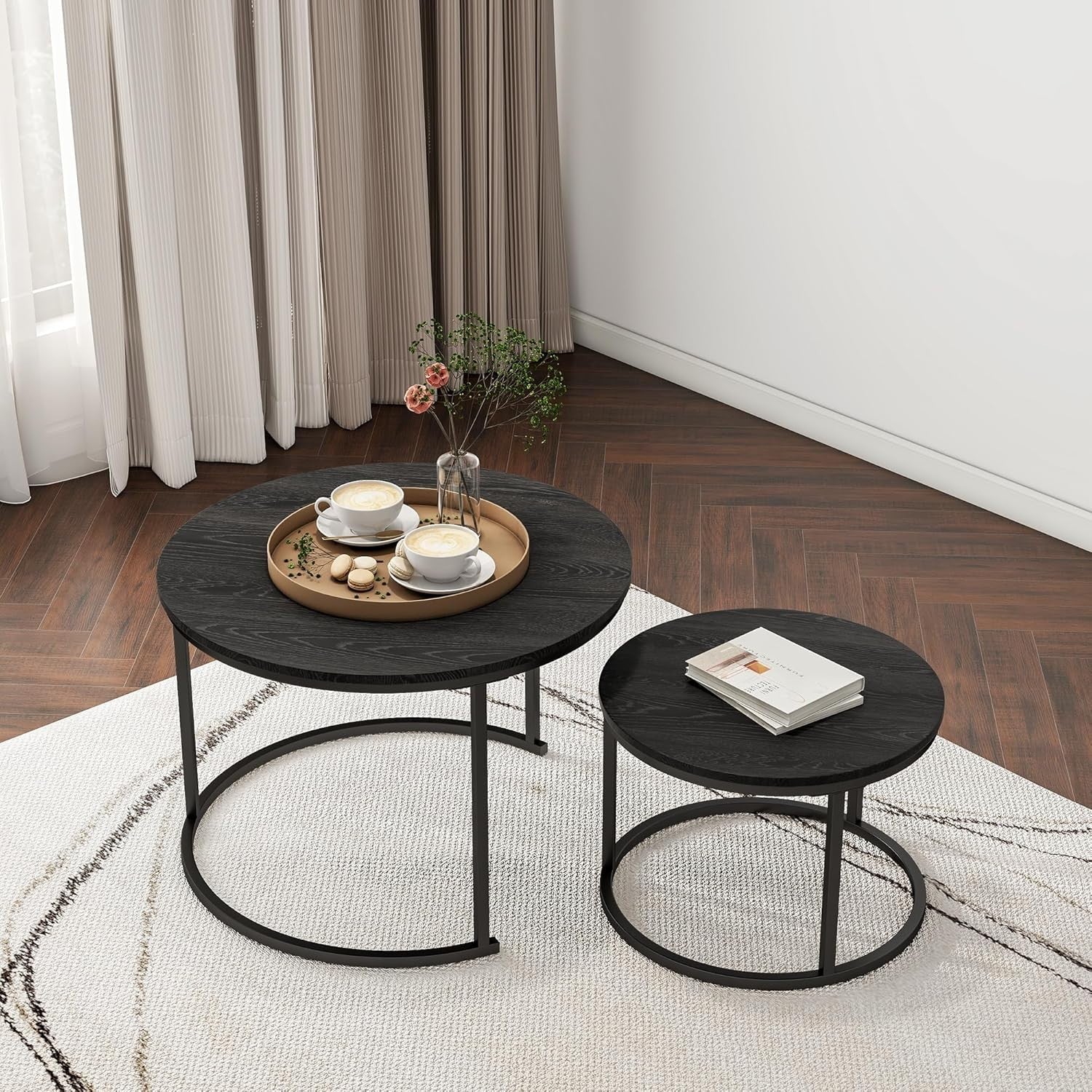 Space-Saving Round Nesting Coffee Table Set of 2, Sturdy Metal Frame (SV)