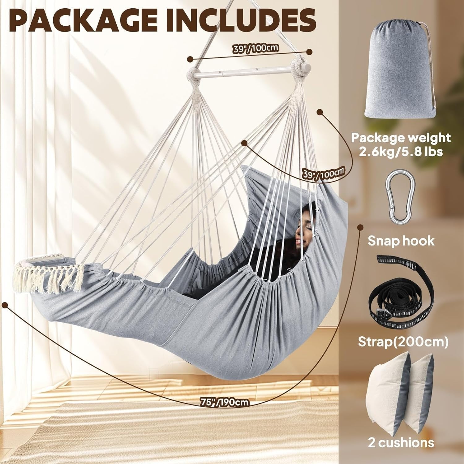 Luxury Hammock Chair with Footrest & 2 Cushions | 550lbs Indoor Outdoor Seat