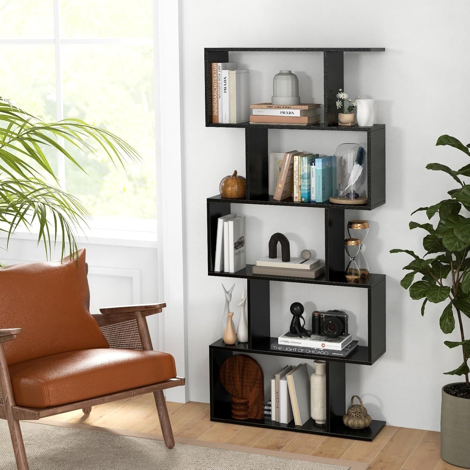 S Shaped 5 Tier Wooden Bookcase Freestanding Display Storage Shelf Black