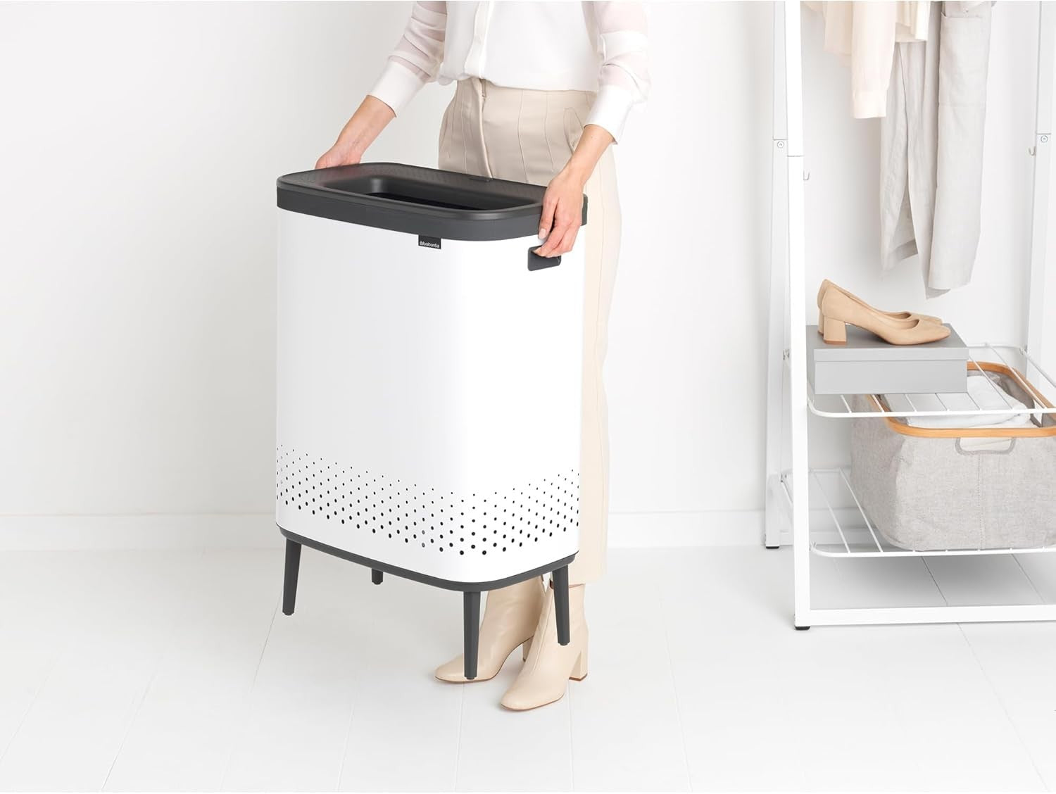 Modern 2×45L Laundry Bin with Lid, Quick-Drop Opening & Removable Bags White