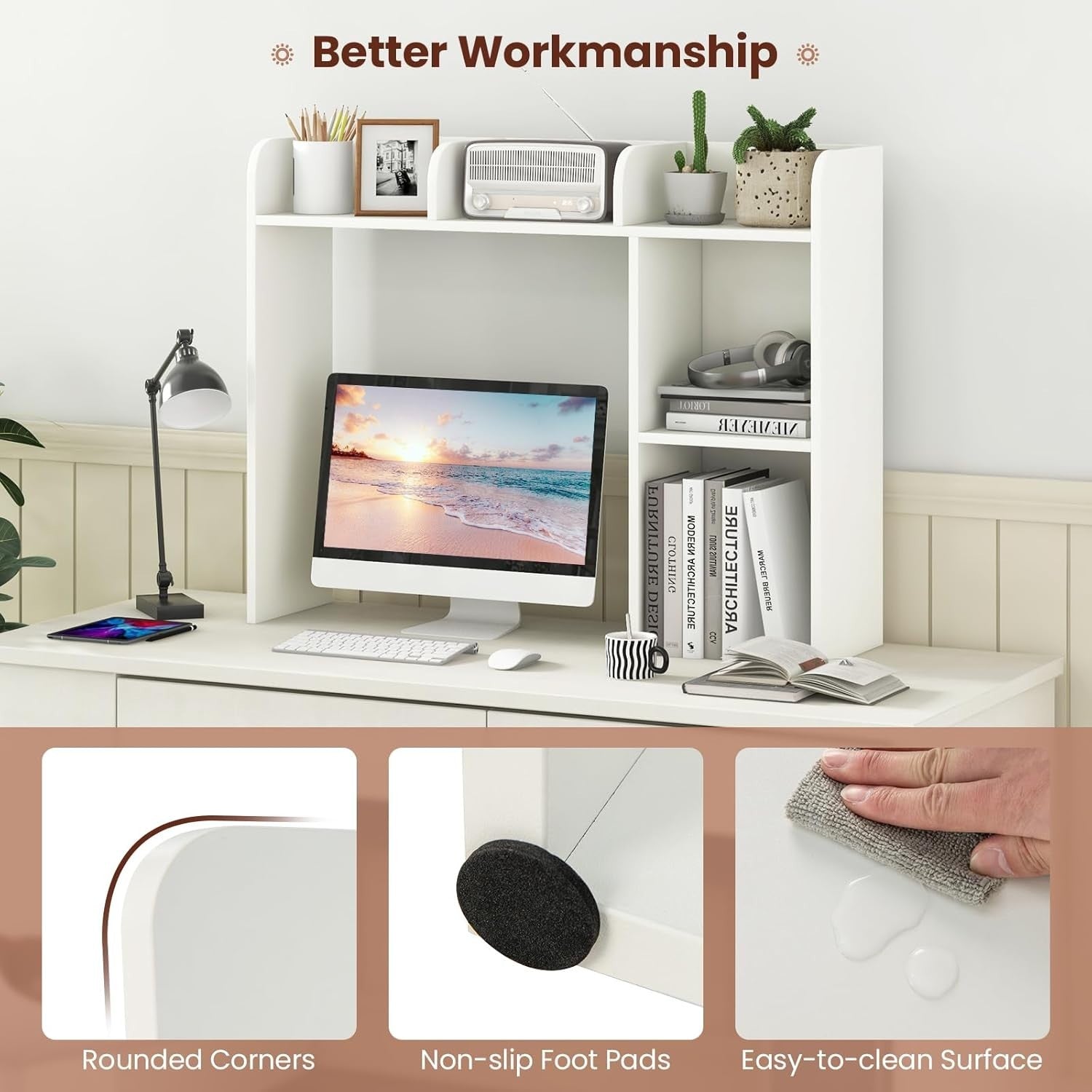 3-Tier Desktop Hutch Bookshelf Space-Saving Desk Organizer Shelf White