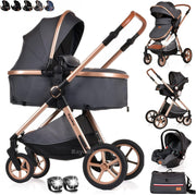 3 in 1 Baby Pram Travel System with Car Seat Carrycot Folding Pram Grey Gold