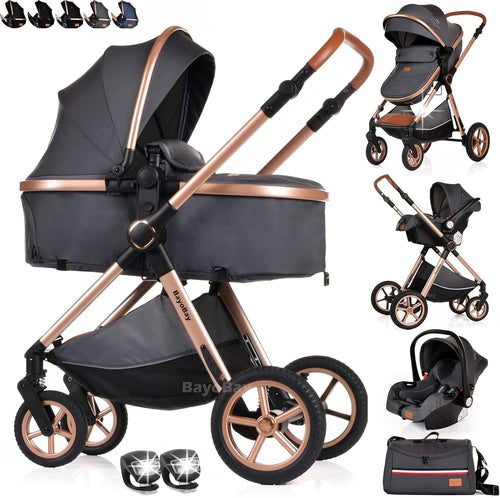 3 in 1 Baby Pram Travel System with Car Seat Carrycot Folding Pram Grey Gold