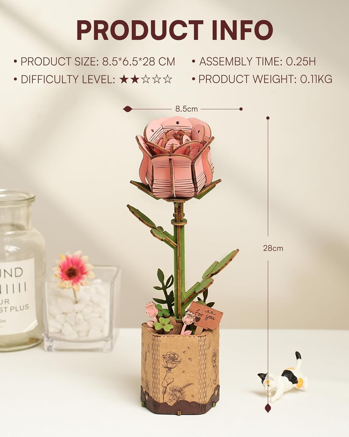 3D Wooden Pink Rose Puzzle – Adjustable DIY Floral Home Decor Gift