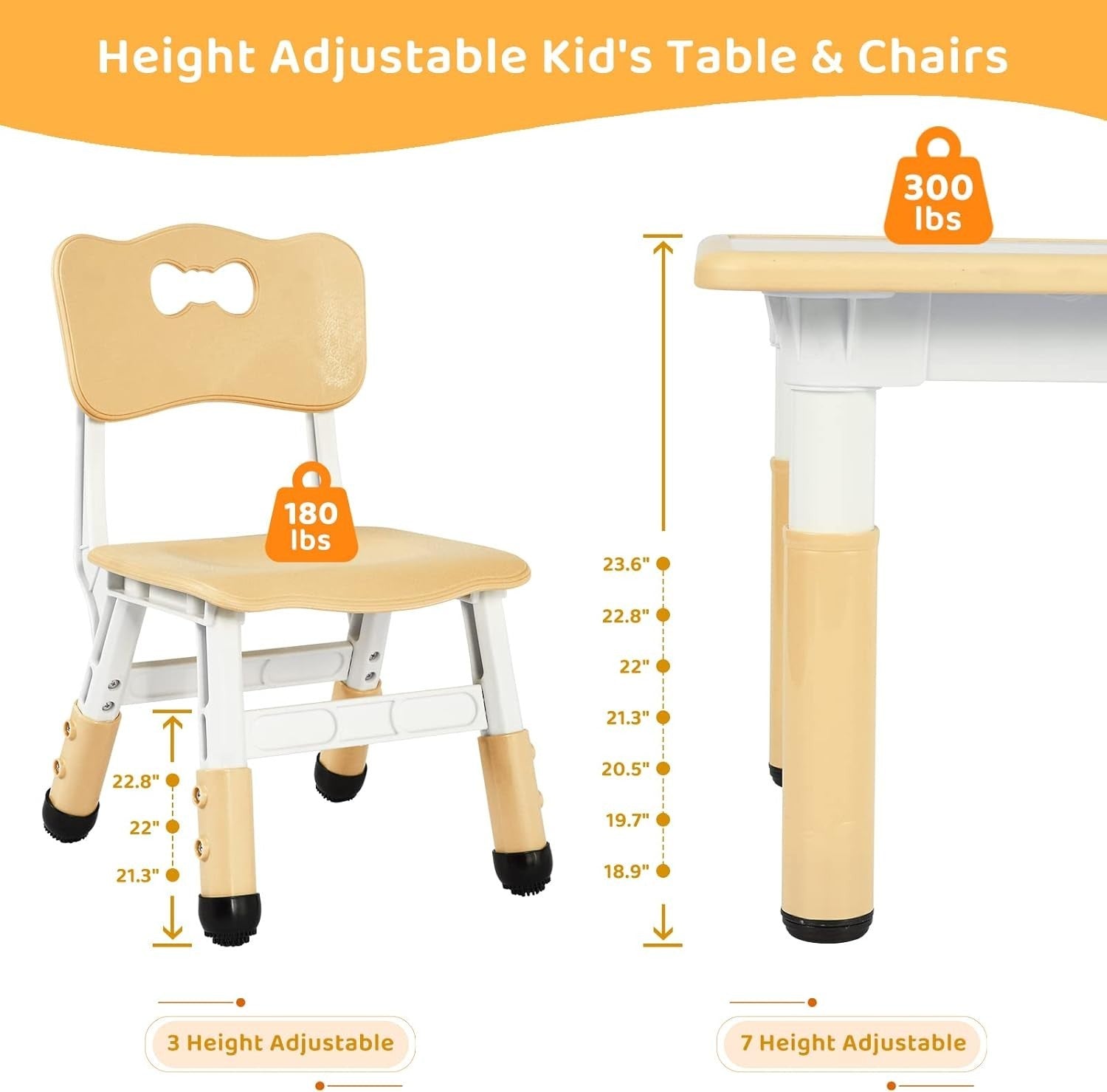 Height Adjustable Kids Table & 4 Chairs Set, Safe Plastic, 120x60cm