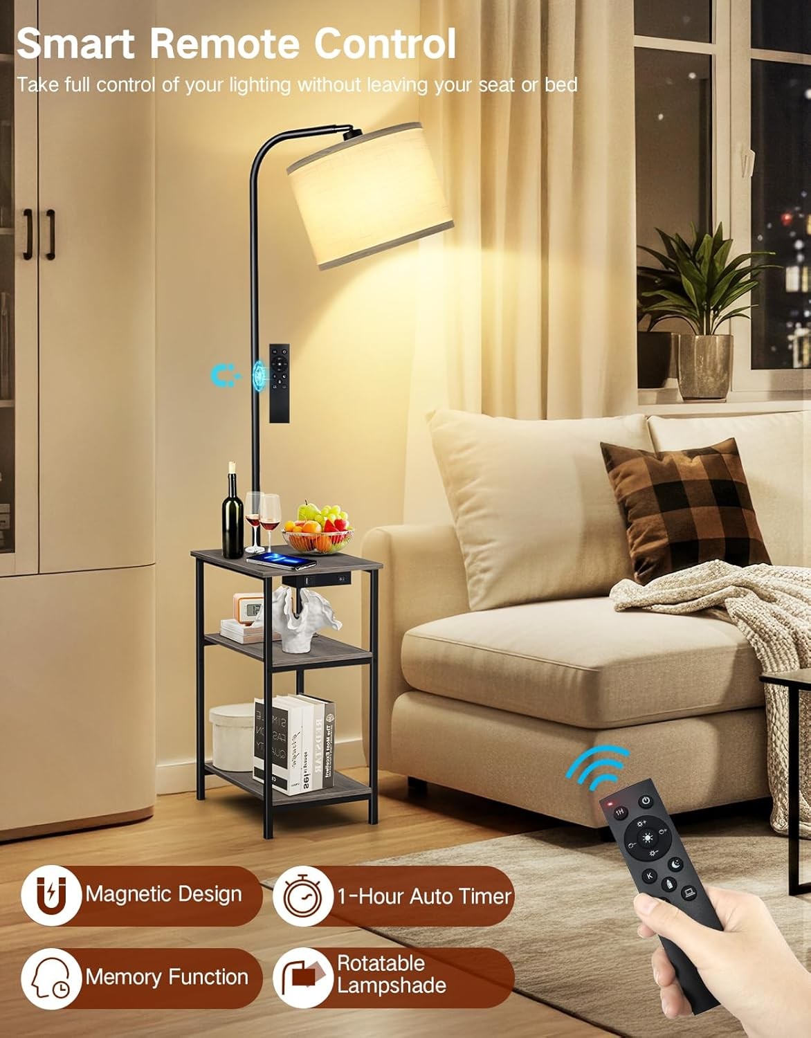 Floor Lamp with Table & Remote, Dimmable LED, USB Charging, Grey