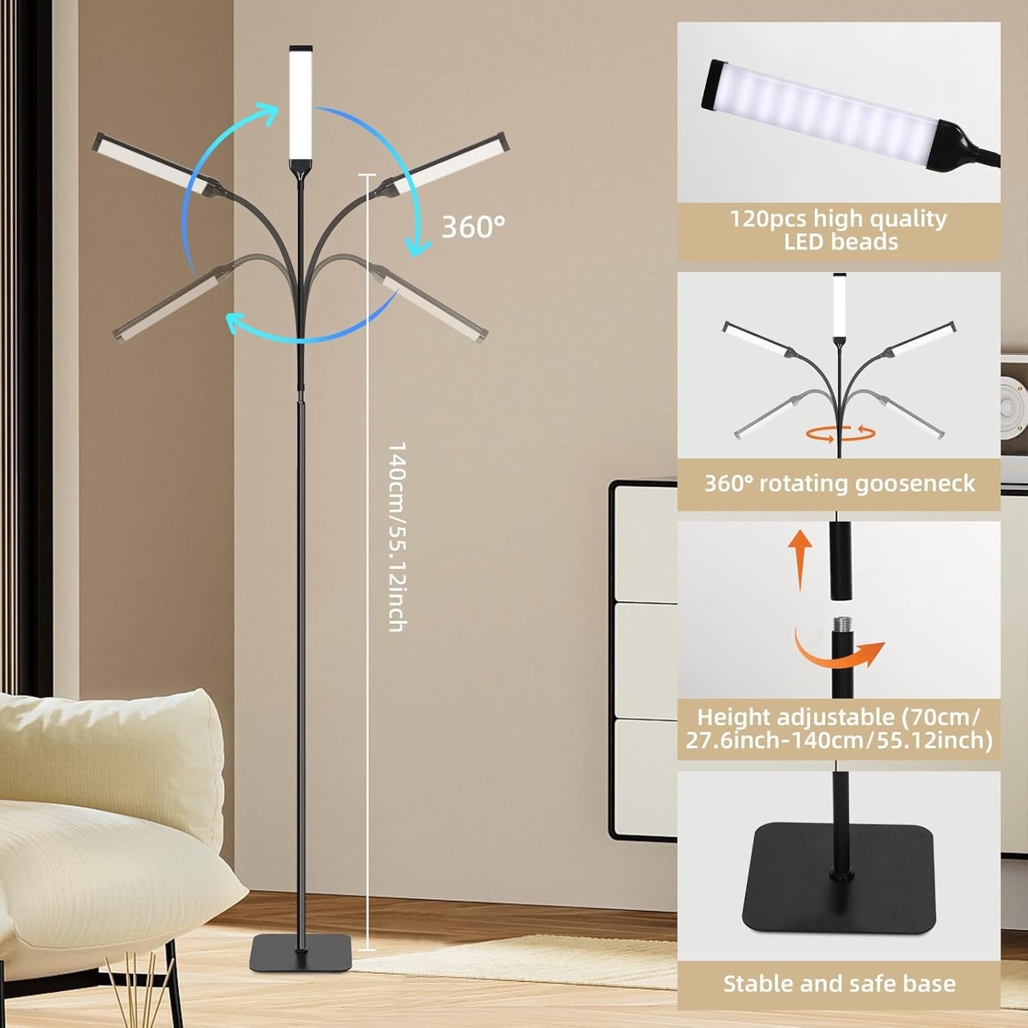LED Floor Reading Lamp Dimmable Adjustable Black Standing Light for Living Room
