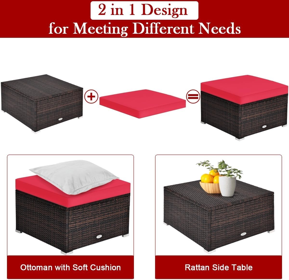 4PC Red Rattan Garden Sofa Set Modular Patio Lounge Coffee Table Cushions