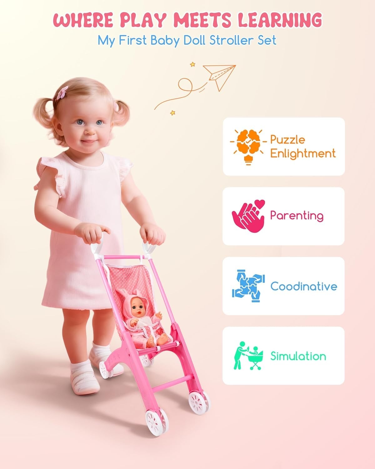 Baby Doll Pram Set Stroller 10pc Accessories Role Play Toy Girls