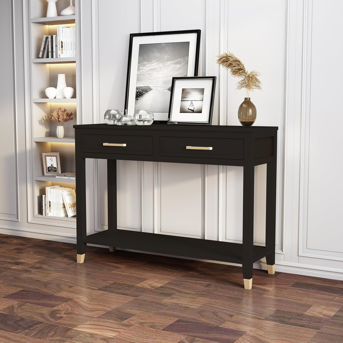 Black 2 Drawer Console Table with Gold Accents, Sturdy Storage Shelf