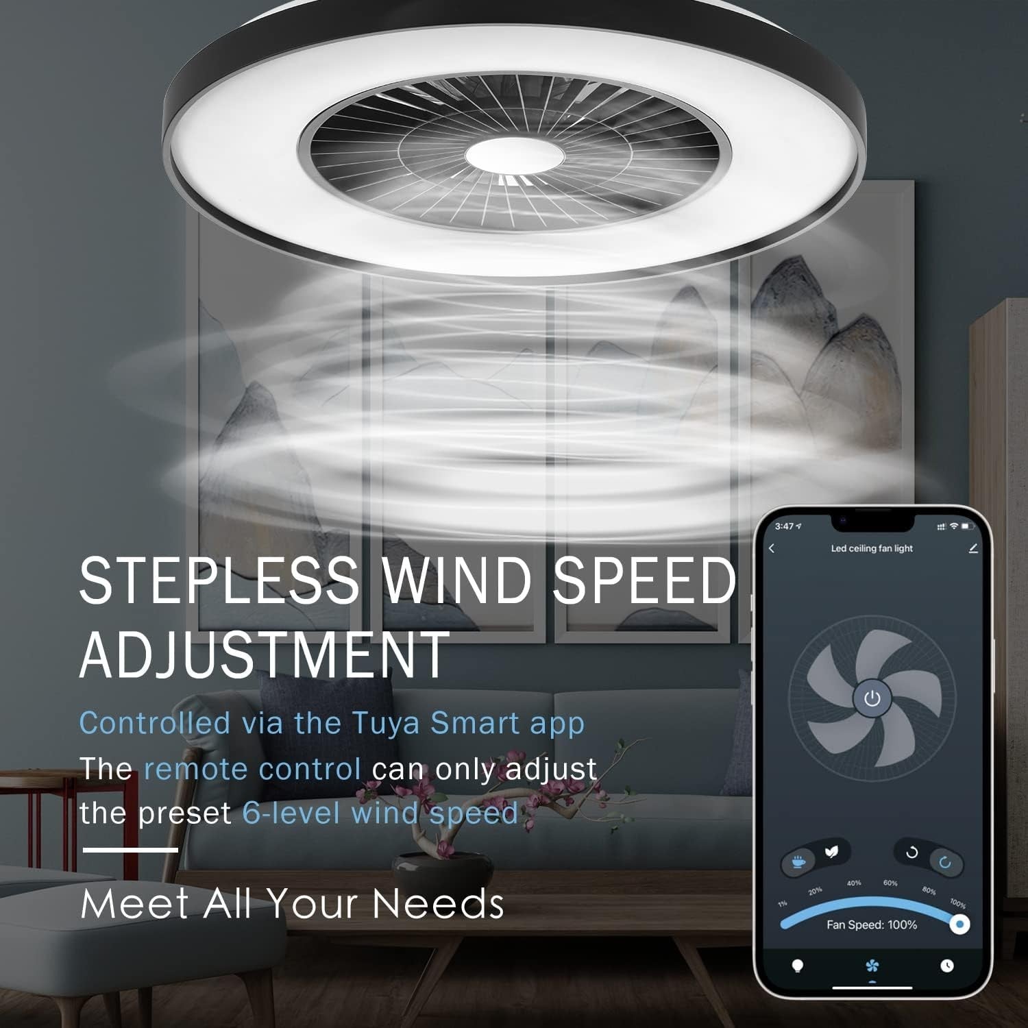 Smart LED Ceiling Fan Light, Stepless Speed, Dimmable 3000-5500K, Black