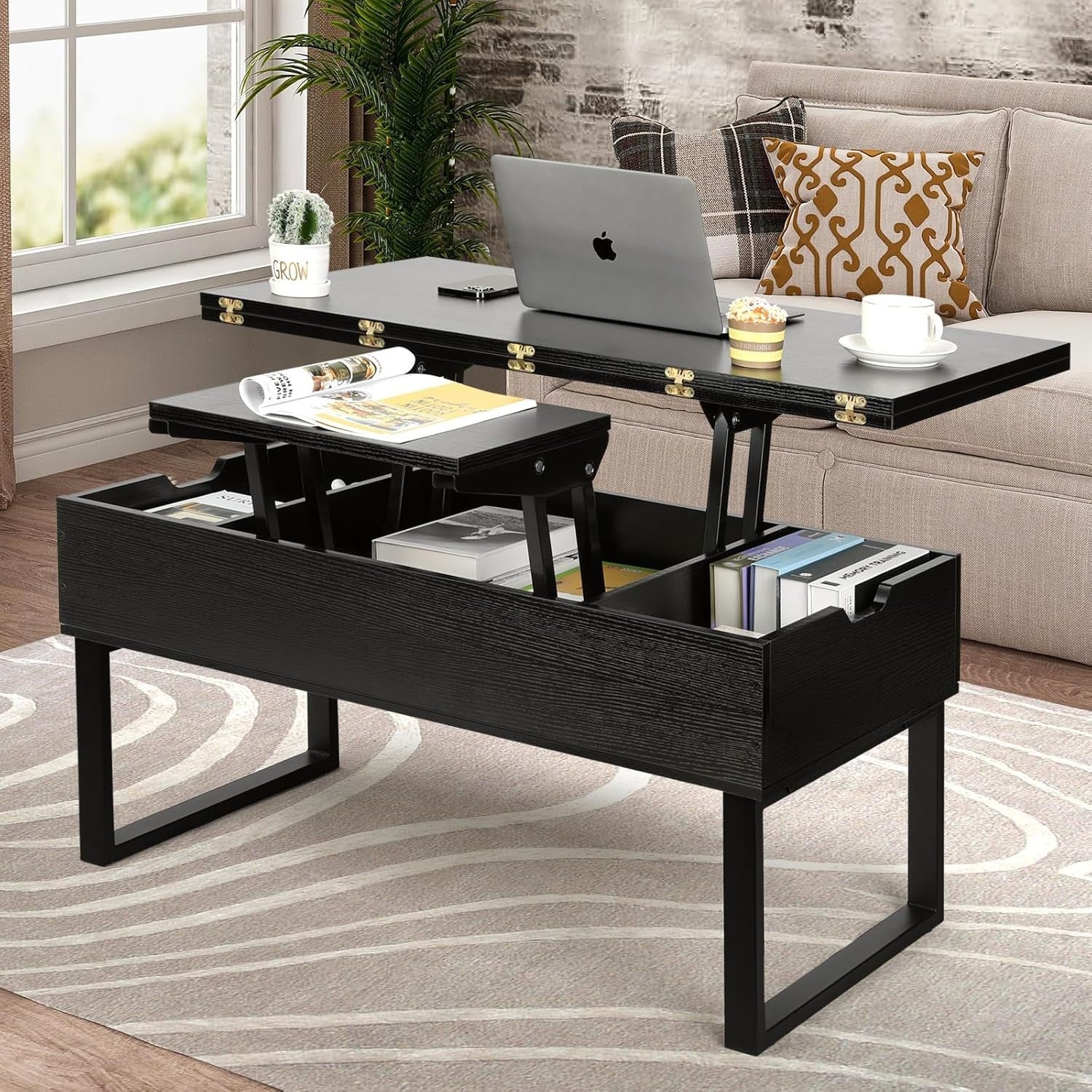 Lift Top Coffee Table with Hidden Storage 3-in-1 Convertible Black 100x50x50cm