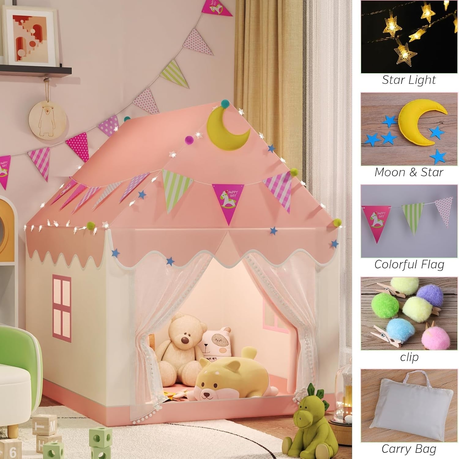 Large Kids Play Tent Indoor Outdoor w Star Lights Double Curtains