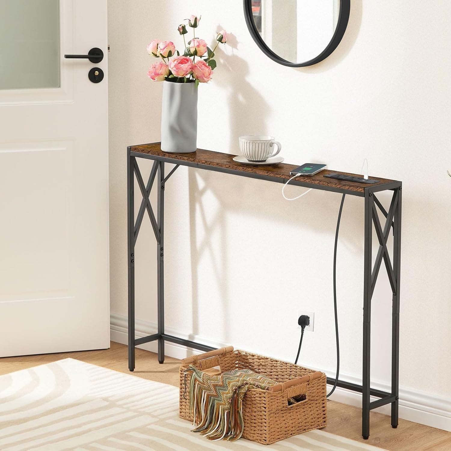 Rustic Console Table with USB Charging Ports – Slim 100cm Hallway Desk