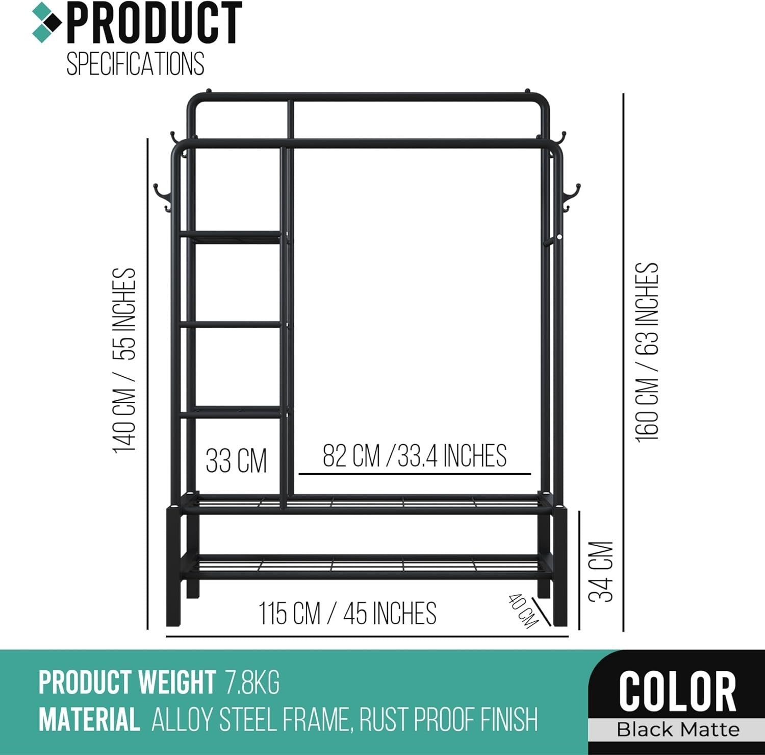 Heavy Duty Clothes Rail Black 120KG Double Hanging Rack With Shelves