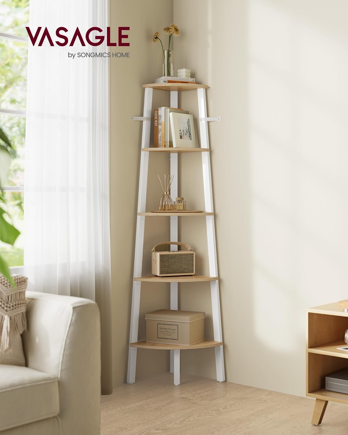 5-Tier Natural Oak & White Corner Shelf Modern Ladder Display Unit for Home