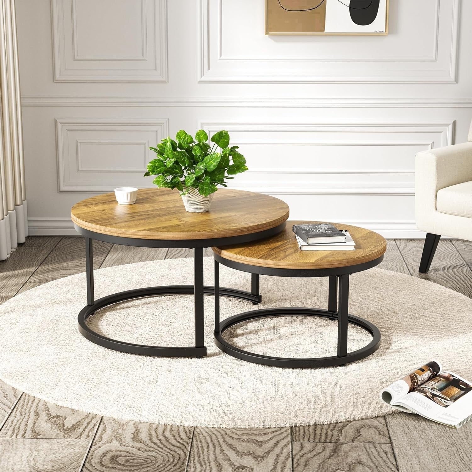 Nesting Coffee Table Set 2 Round Wood Metal Side Tables Living Room Brown