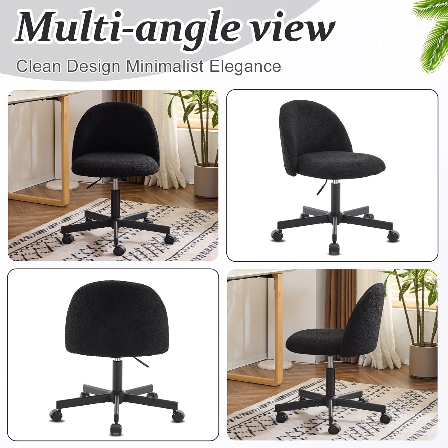 Black Faux Fur Swivel Desk Chair Adjustable Height Small Modern Vanity Seat