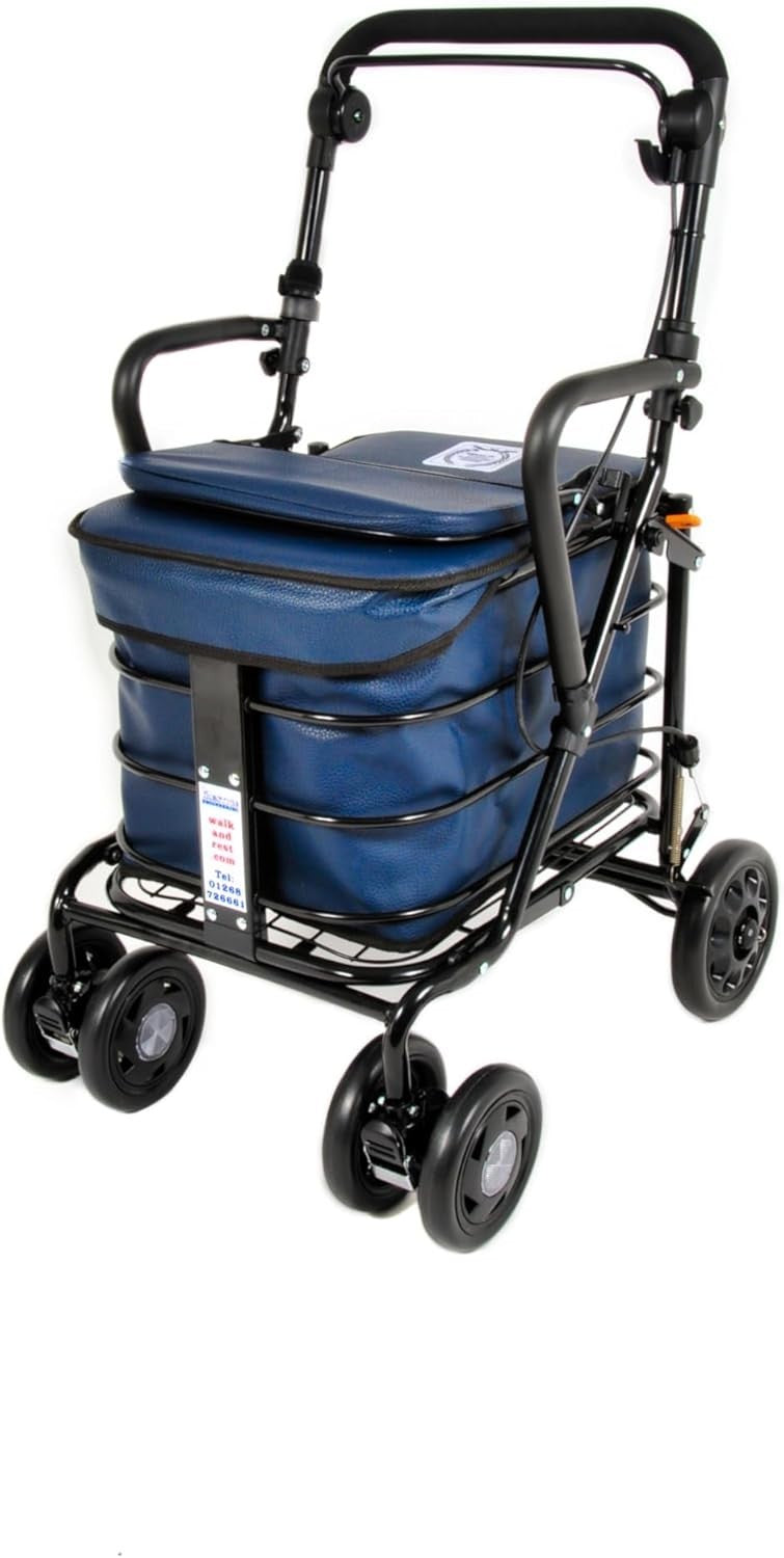 Shopping Trolley With Seat & Armrests | Walking Aid | Locking Brake | Navy