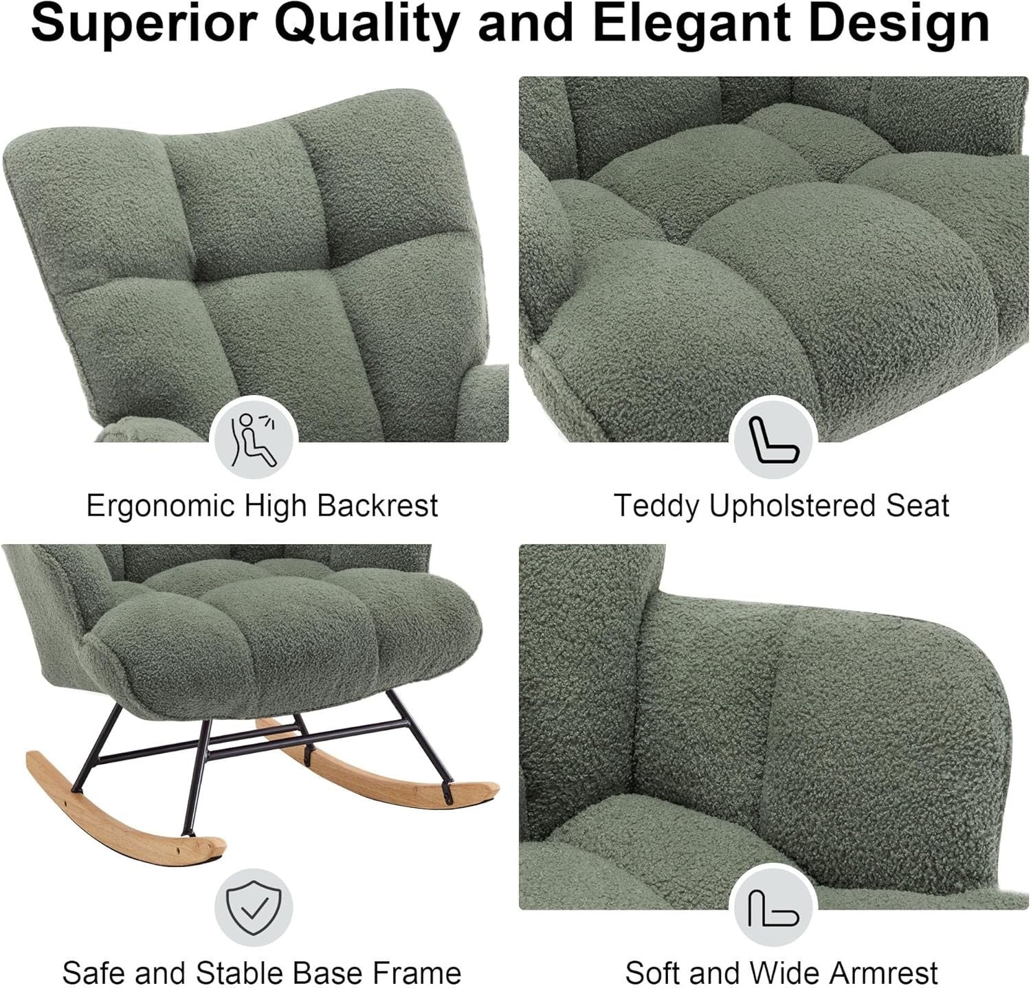 Rocking Chair Nursery Glider Comfy Armchair High Back Padded Seat Green