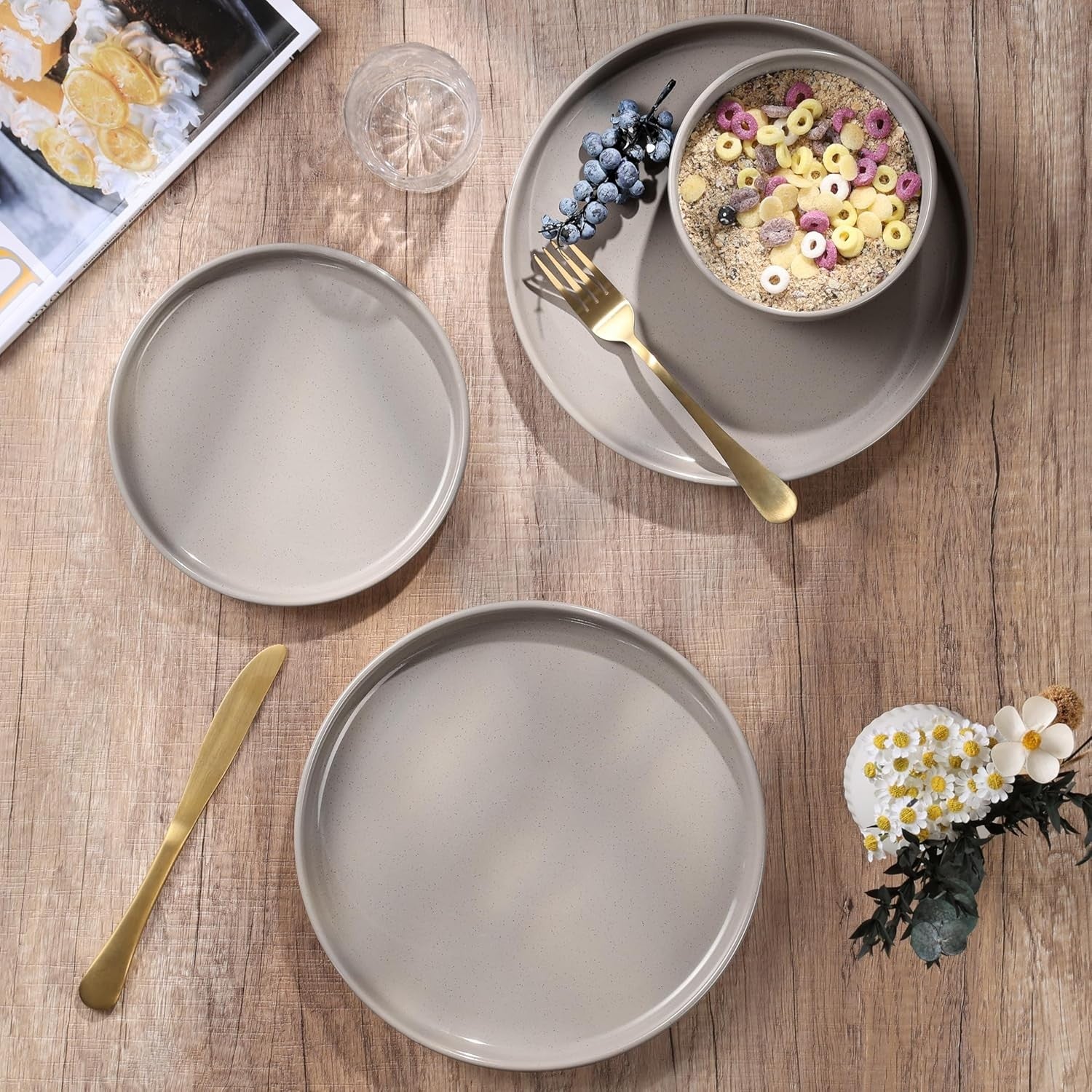 12pc Stoneware Dinnerware Set Plates Bowls Speckled Cream for 4